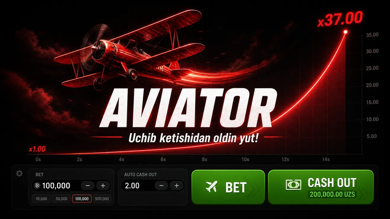 Aviator crash o'yini interfeysi — samolyot va multiplikator grafigi